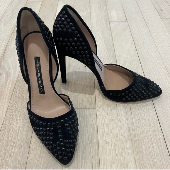 French Connection Pointed Pumps Black Studded Suede Women’s Heels 36.5 - Picture 2 of 6